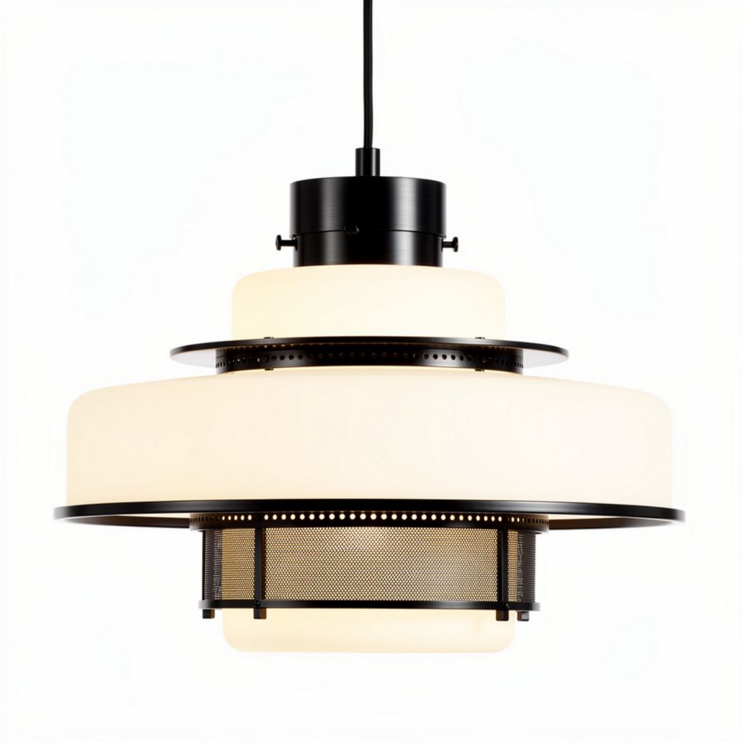 Lampadario moderno in metallo nero e vetro opalino dim. 30 x 30 x 15cm
